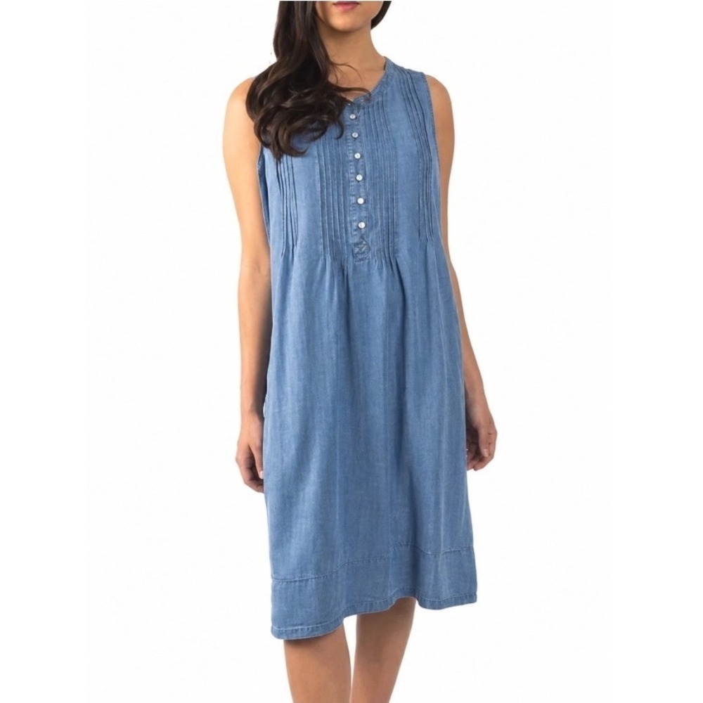 Coldwater Creek Denim Tencel Sleeveless Dress L Blue Pockets Modest Cottagecore
